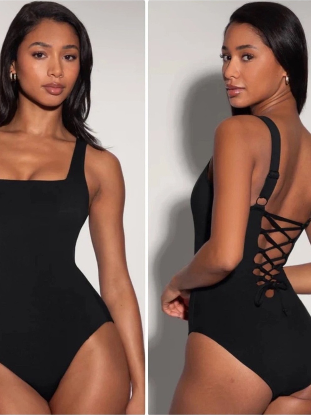 Ta3 Black boho Scoop Neck Lace-Up Back One-Piece bathing Swimsuit, Size xl NWT